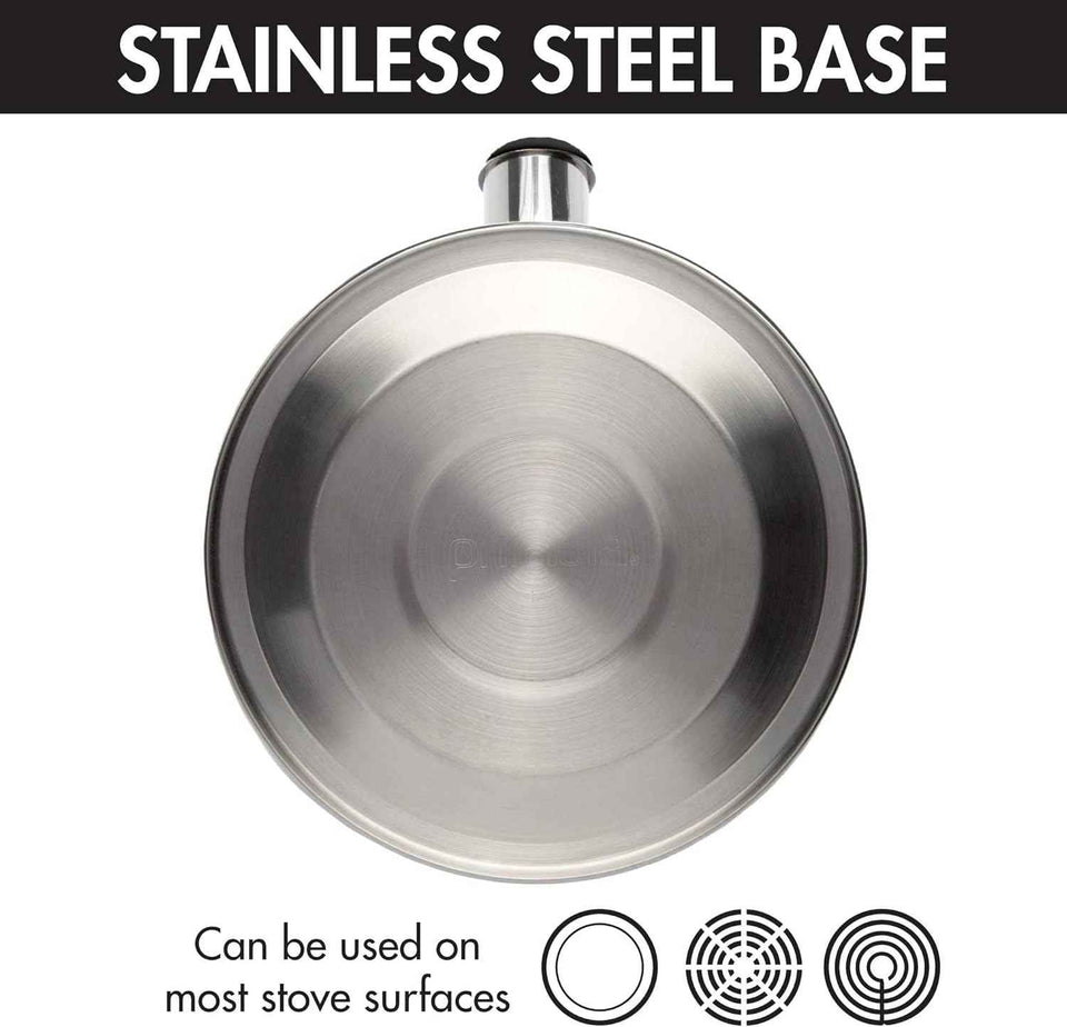 Primula Stewart Whistling Stovetop Tea Kettle Food Grade Stainless Steel, Hot Water Fast to Boil, Cool Touch Folding, 1.5-Quart, Brushed with Black Handle