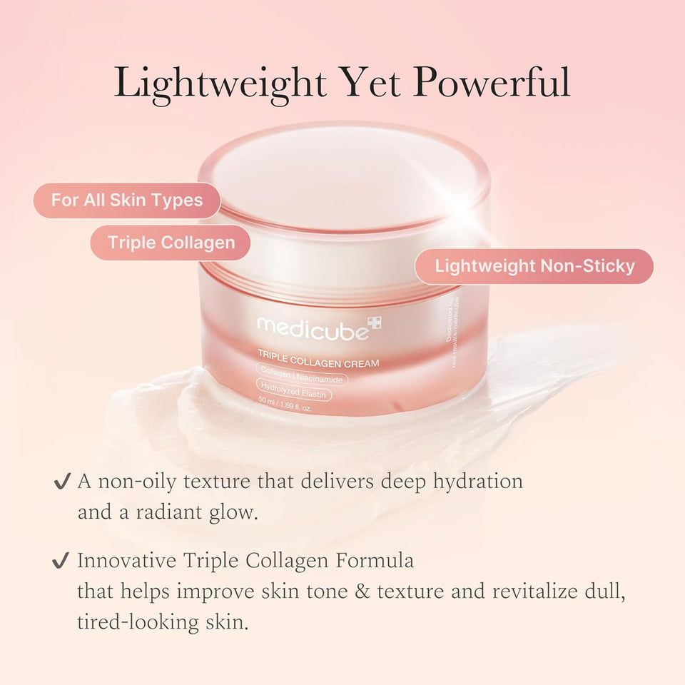 medicube triple collagen cream, 1.69 oz, hydrating & firming moisturizer with hyaluronic acid, premium elastin, shea butter, korean skincare