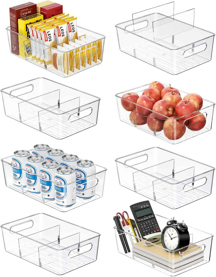 6 Pack Pantry Organizers and Storage,Clear Plastic Containers with 2 Dividers for Kitchen,Fridge Organization and Storage,Acrylic Bins for Pounches,Spice Packet,Snack organzier
