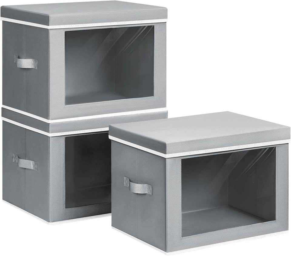 Storage Bins with Lids - Fabric Closet Storage Bins with Window, Collapsible Baskets for Shelves 4 Pack, Home Decorative Boxes for Clothes, Closet, Office, Grey