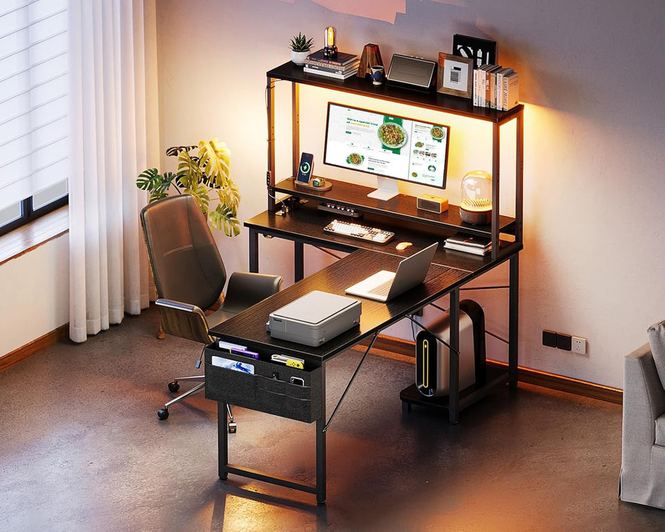 ODK 53 Inch L Shaped Desk with LED Lighting, Reversible Gaming Desk with Power Outlets, Cornor Computer Table with Storage Shelves & Bag & Iron Hook, Home Office Table for Writing, Study, Black