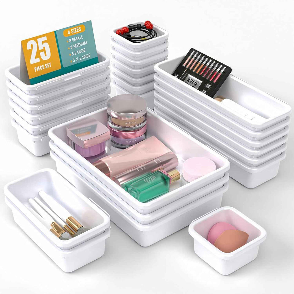 10 PCS Drawer Organizer Set, 4 Size Makeup Drawer Divider Organizer With Non-Slip Pads, Interlocking Plastic Storage Bins for Office,Jewelry Vanity,Gadgets, Bathroom,Kitchen, Black