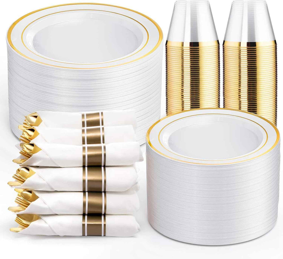 WELLIFE 700 Pieces Gold Plastic Dinnerware Set for 100 Guests - Includes Plates, Cups, Napkins, and Disposable Cutlery - Elegant White & Gold Design, Perfect for Parties and Events