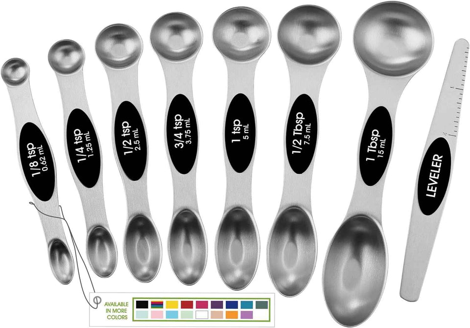 Spring Chef Stainless Steel Magnetic Measuring Spoons Set with Strong N45 Magnets, Heavy Duty Metal Kitchen Gadgets for Baking & Cooking, Fits in Most Kitchen Spice Jars, Set of 8 with Leveler, Black