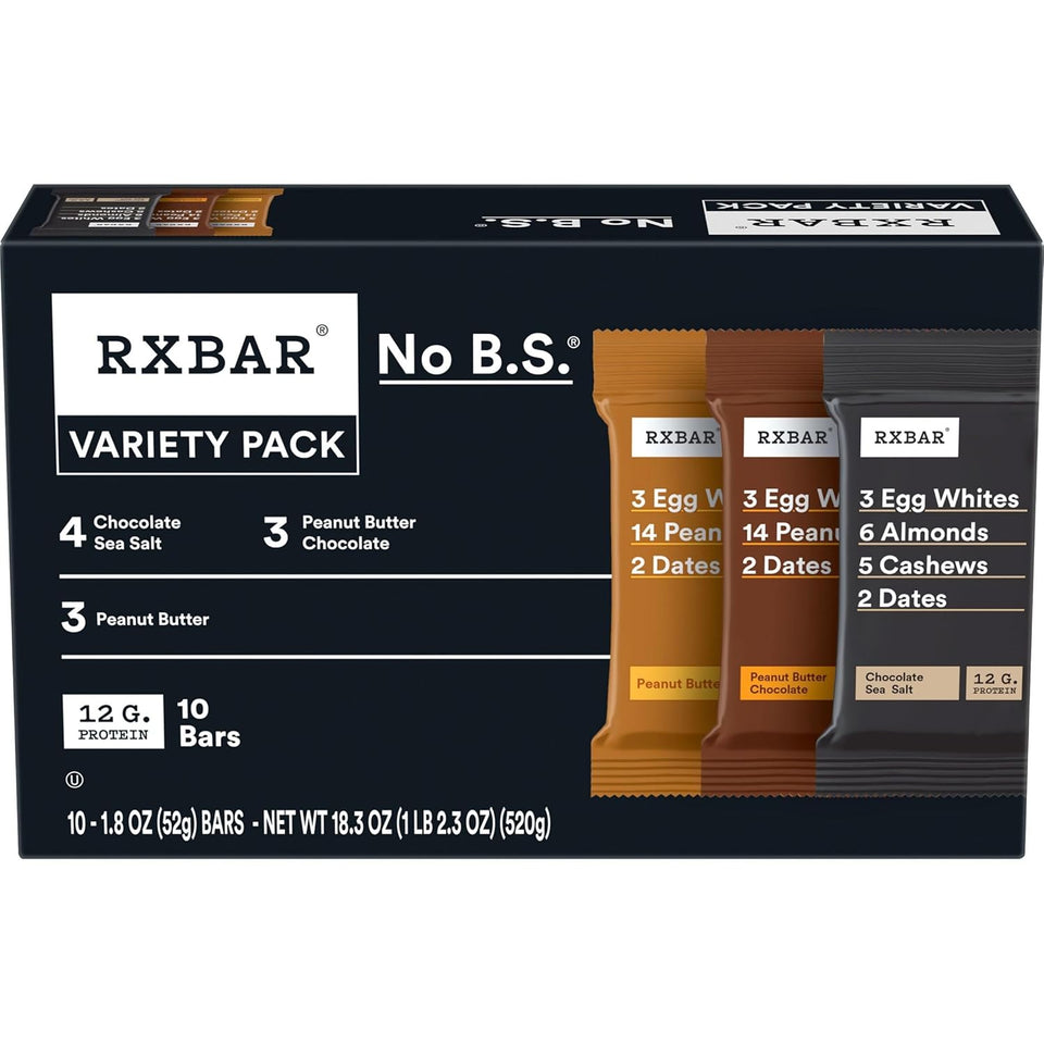 rxbar variety pack, 18.3oz box, 10 count, 12g protein snack bars