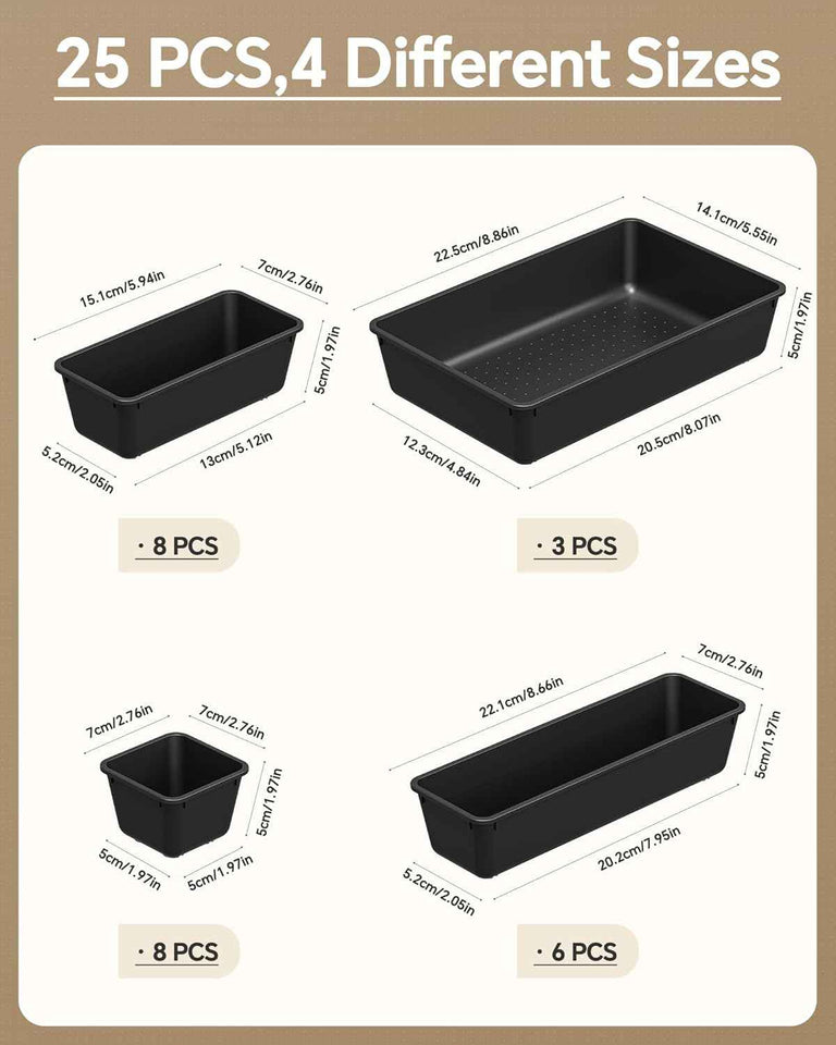 25-piece plastic drawer organizer set for makeup and desk storage, 4 sizes, black, stackable, easy to assemble