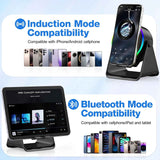 TARKARI Wireless Induction Speaker, 5 in 1 Bluetooth Speaker, 360° Rotation Cell Phone Stand with Colorful Ambient Light Compatible with iPhone iPad Android Tablet, Birthday Gifts for Women Men Him