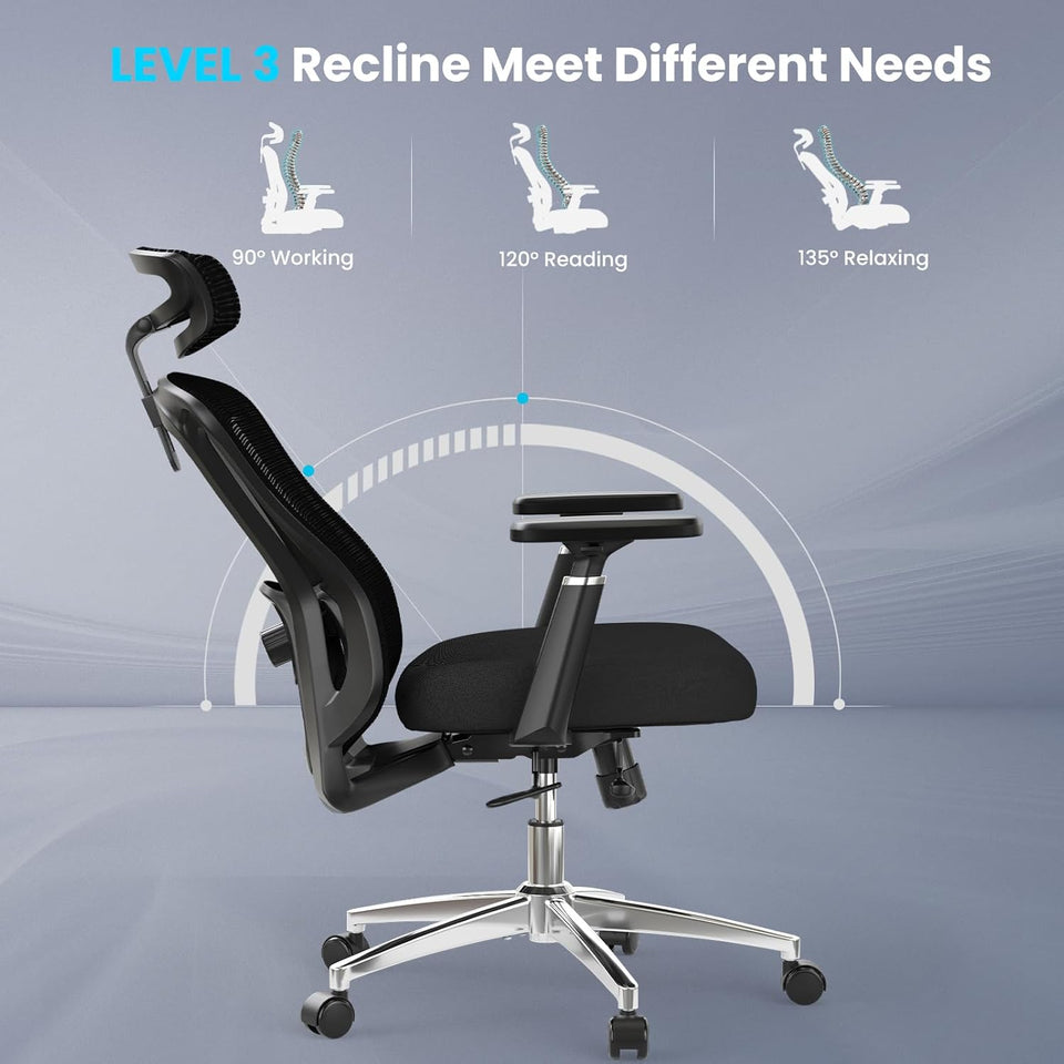 Farini Office Chair Ergonomic Desk Chair, High Back Computer Chair with Wheels, Home Sutdy Chair for Heavy People, Office Chair Adjustable Seat Depth, 3D Armrests and Adjustable Headrest, Black