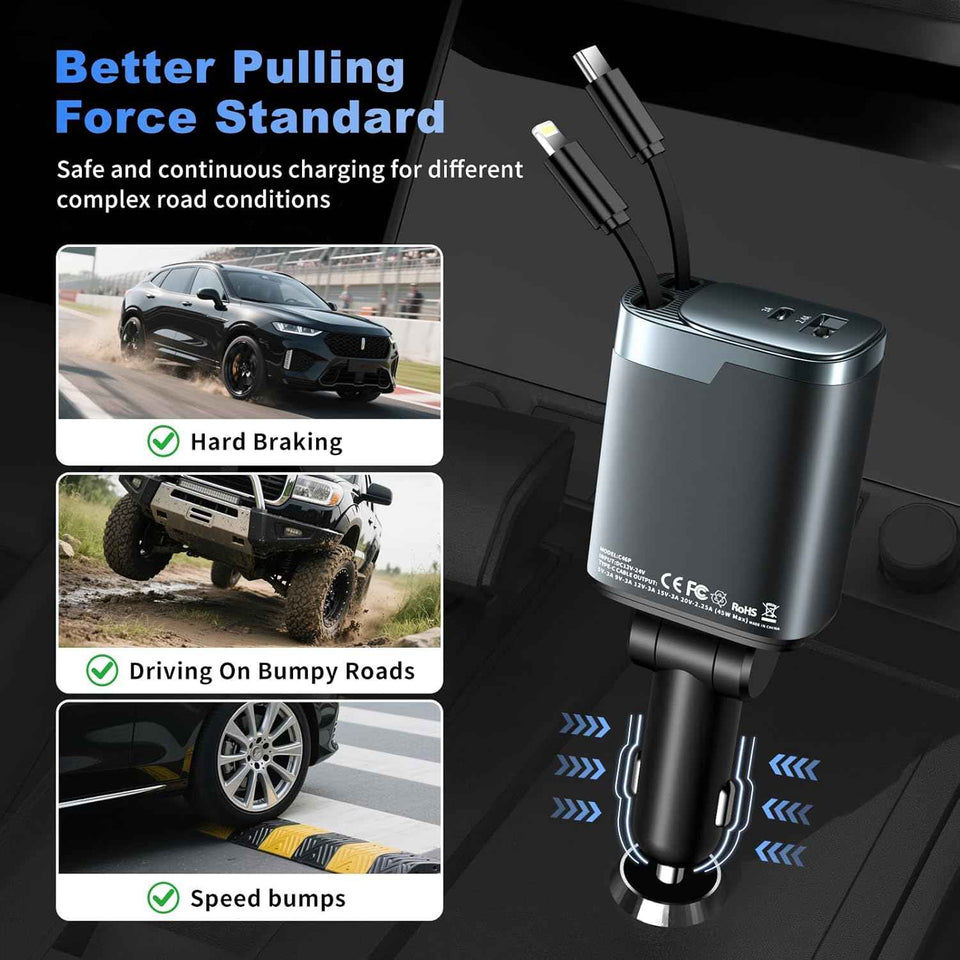 84W Car Charger USB C 4 in 1, Retractable Fast Charging Car Adapter for iPhone 17 16 15