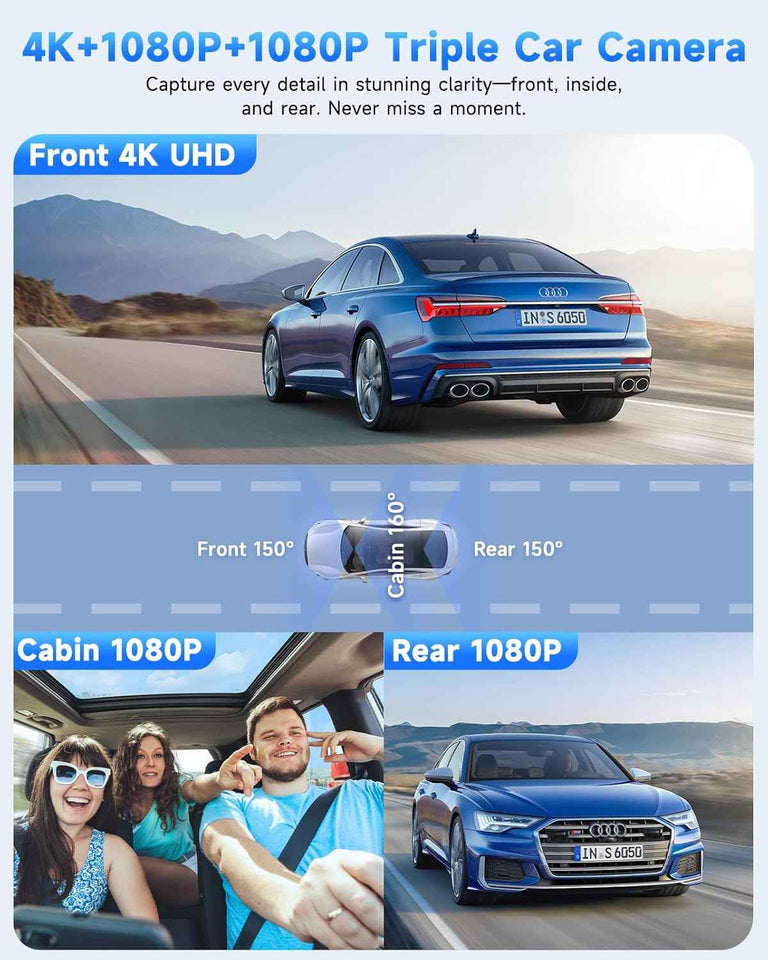 sarmert 4k 3 channel dash cam with 64gb free card, g-sensor, wdr, and 5g wifi
