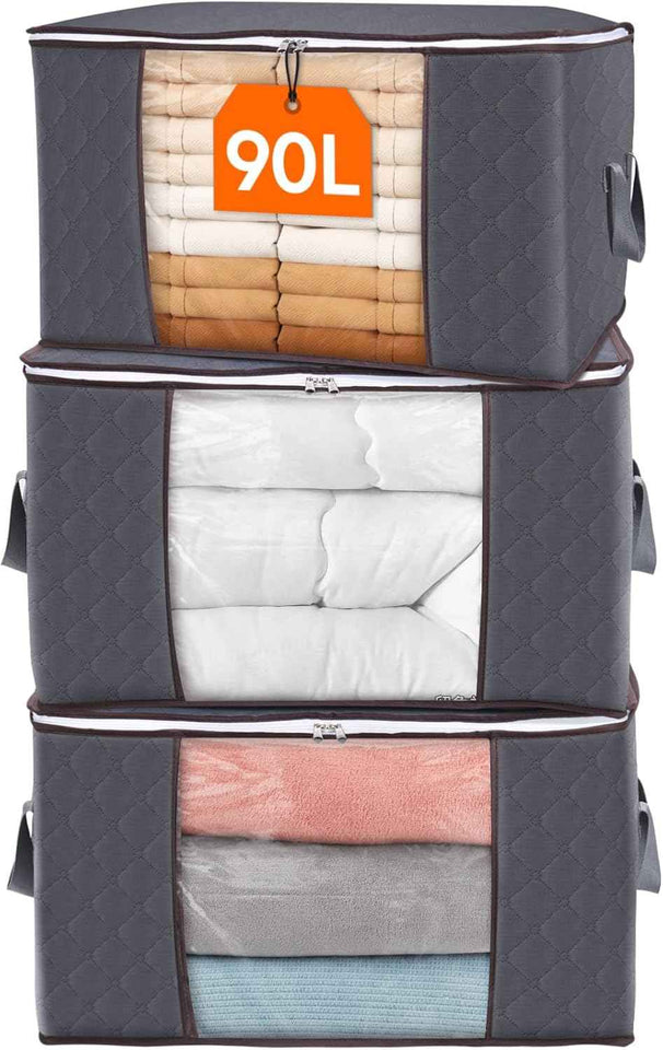 Lifewit 6 Pack Clothes Storage Bins with Lids, Foldable Blanket Storage Bags with Zippers, Clear Window and Reinforced Handles, Closet and Organization for Clothing, Sweater, Comforter, Bedding, Gray