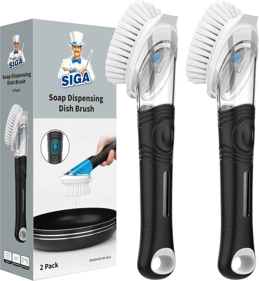 MR.SIGA Soap Dispensing Dish Brush, Kitchen Brush for Pot Pan Sink Cleaning, Black