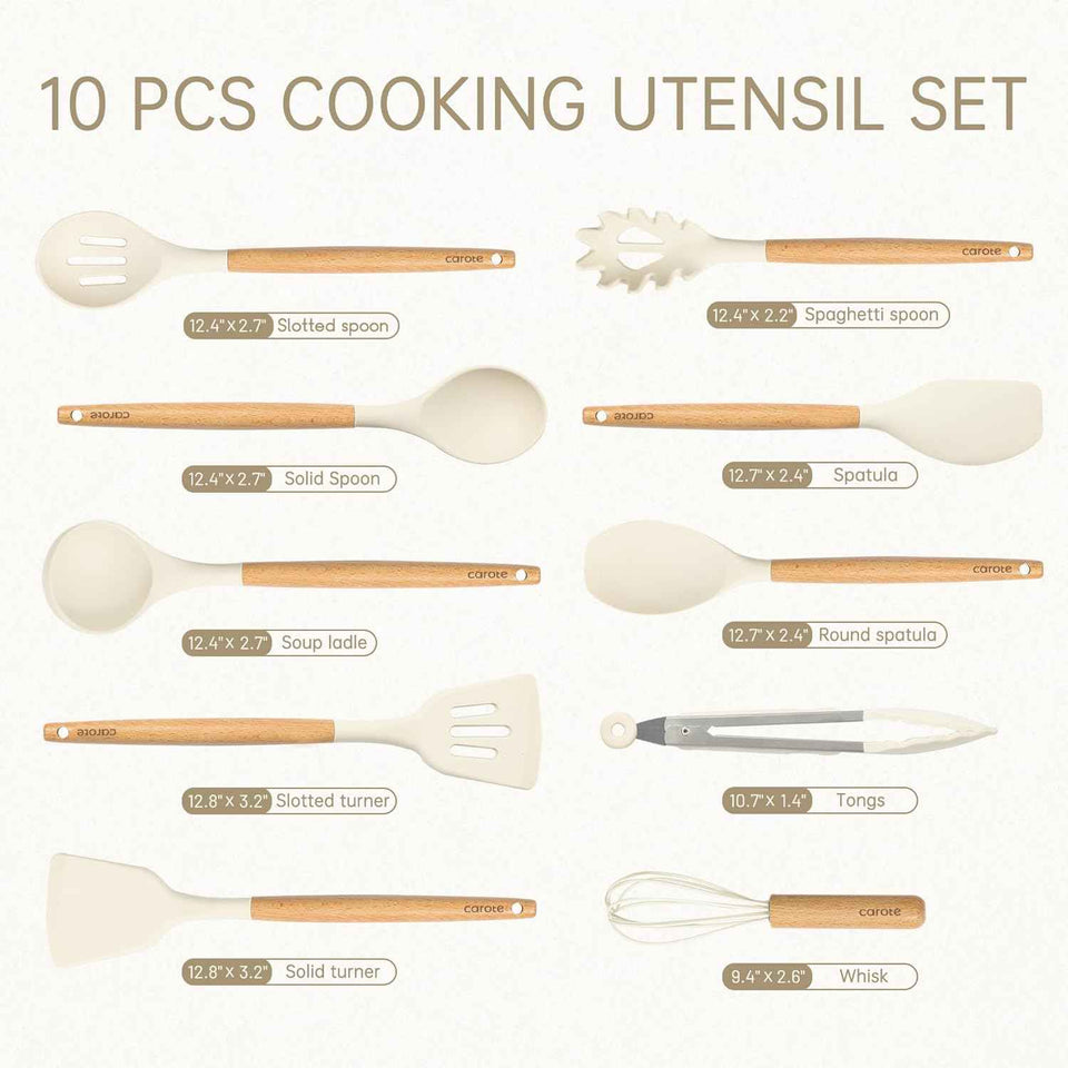 CAROTE Silicone Cooking Utensils Set, Kitchen Utensils Set 10 Pcs for cooking, BPA Free Spatula Set with Heat Resistant Wood Handles for Nonstick Cookware (Cream White)