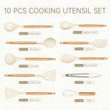 CAROTE Silicone Cooking Utensils Set, Kitchen Utensils Set 10 Pcs for cooking, BPA Free Spatula Set with Heat Resistant Wood Handles for Nonstick Cookware (Cream White)