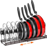 Bronze Expandable Pot and Pan Organizer with 10 Adjustable Compartments for Kitchen Cabinet Cookware