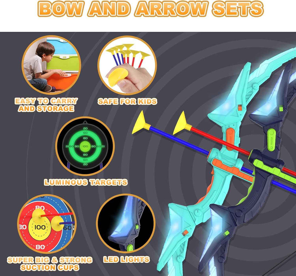 Kmuxilal kids LED bow and arrow set, 2 pack, 14 suction cup arrows, fluorescence target, ideal for indoor and outdoor play, 4-12 year old boys