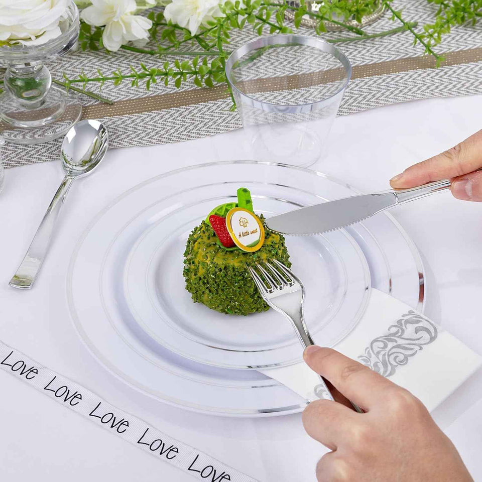 Wellife 700-Piece Silver Plastic Dinnerware Set for 100 Guests, Elegant White and Silver Design