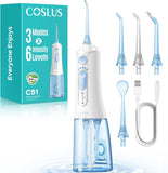 COSLUS C51 Portable Water Flosser for Teeth: 3 Modes & 6 Pressure Settings with Jet Mode Water Dental Pick for Orthodontic, Braces, Sensitive Gums, Compact for Travel, 300ML for Multiple Users, White