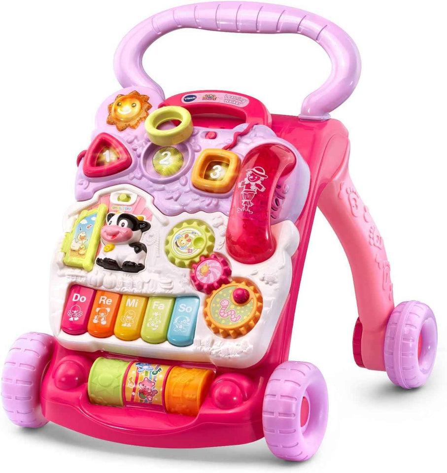 vtech sit-to-stand learning walker with pink frustration free packaging for 9-36 month babies