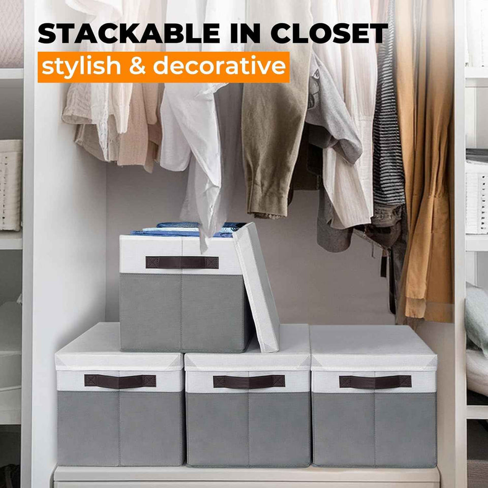Large Closet Storage Baskets Bins with Lids - 4 Pack, Stackable Cubes for Nursery, Bedroom, Home, Dorm