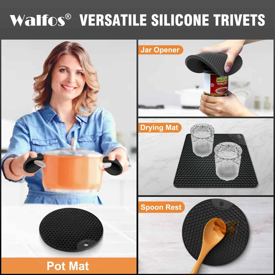 4-pack Walfos silicone trivet mats - heat resistant kitchen pot holders, non-slip hot pads, black