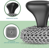 316 cast iron scrubber chainmail scrubber with pan scraper for kitchen and pan cleaning, dishwasher safe, black