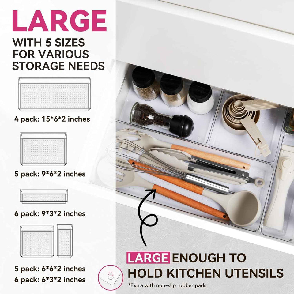Criusia 26-Pack Large Drawer Organizer Bins - Clear Plastic Kitchen and Bathroom Organizers