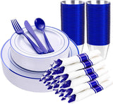 WELLIFE 700 Pieces Gold Plastic Dinnerware Set for 100 Guests - Includes Plates, Cups, Napkins, and Disposable Cutlery - Elegant White & Gold Design, Perfect for Parties and Events