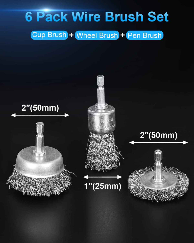 Carbon Steel Wire Wheel and Pen Brush Set for Rust Removal, 1/4-Inch Hex Shank, 6 Pack