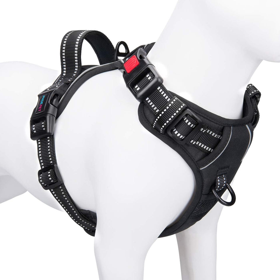 phoepet medium reflective dog harness with handle adjustable 2 metal rings orange