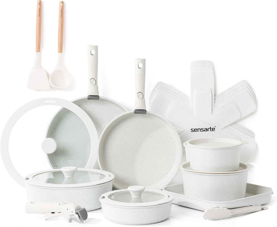 SENSARTE 24-piece non-stick cookware set with detachable handle, induction compatible, RV safe, dishwasher and oven safe (white)
