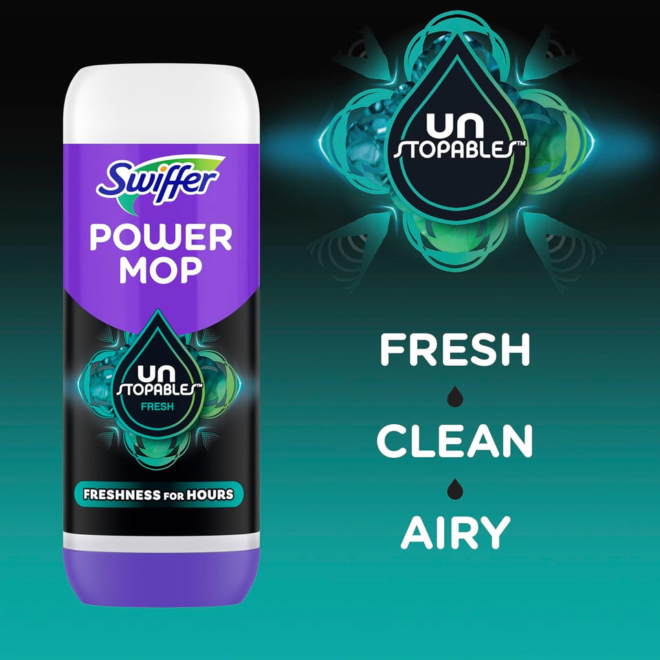 swiffer powermop floor cleaning solution refills, unstopables fresh scent, 2 pack, 25.3 fl oz bottles
