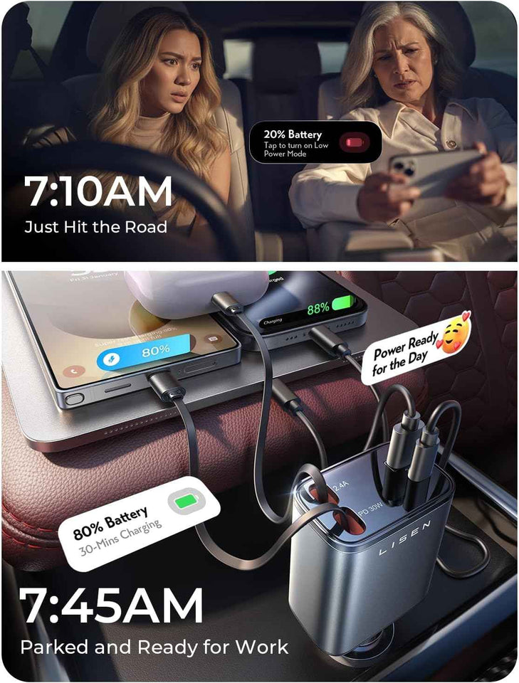 Lisen 69W Retractable Car Charger with USB-C for iPhone 17 Pro Max Air, compact 4 in 1 adapter for drivers