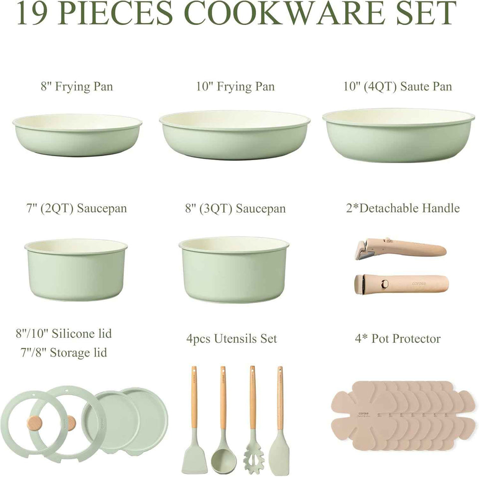 CAROTE 19pcs Nonstick Cookware Set with Detachable Handle, Induction Ready, Oven Safe, Sage Green, RV Cookware