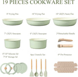 CAROTE 19pcs Nonstick Cookware Set with Detachable Handle, Induction Ready, Oven Safe, Sage Green, RV Cookware
