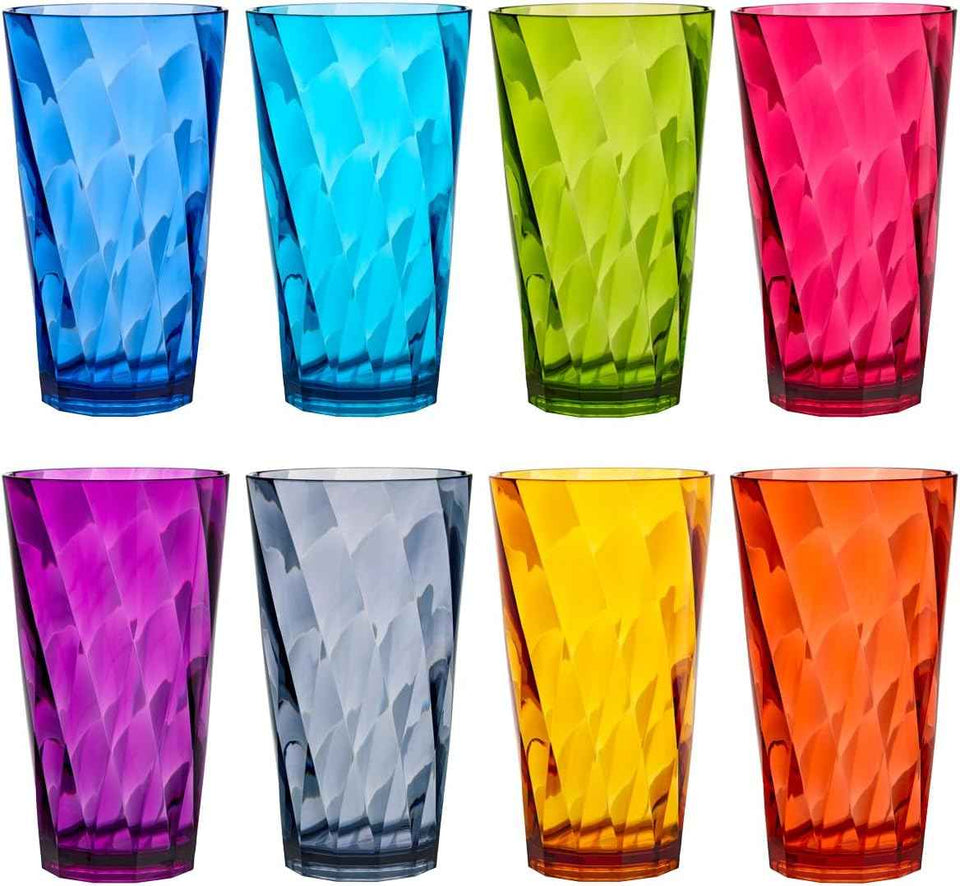 US Acrylic Optix 20oz BPA-free reusable drinking glasses set of 8 in jewel tone colors, made in USA, top rack dishwasher safe