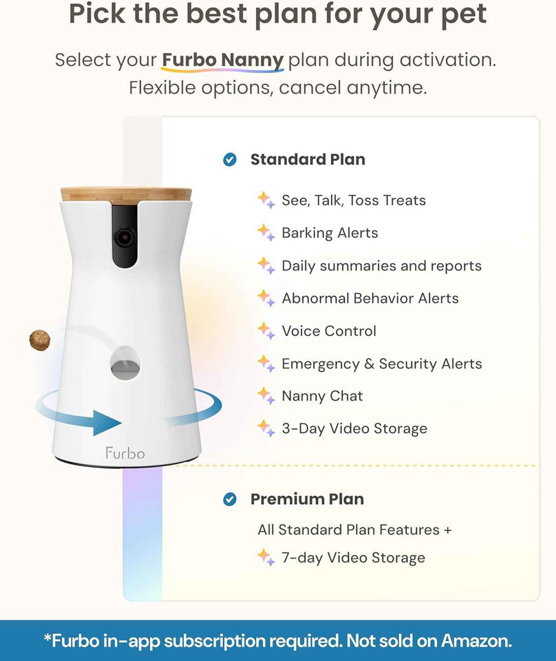 Furbo 360° Dog Camera [Subscription Required] Unlock w/Paid Plan: Home Security & Dog Safety Alerts, Rotating Pet Treat Toss, 2-Way Speaker (Low Risk, 3mo Min. Cancel Anytime)