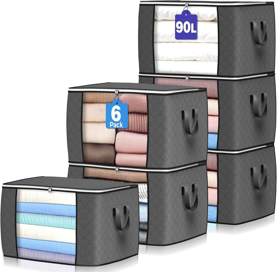 6 Pack Large Foldable Storage Bins with Reinforced Handle for Clothing and Toys (Gray)