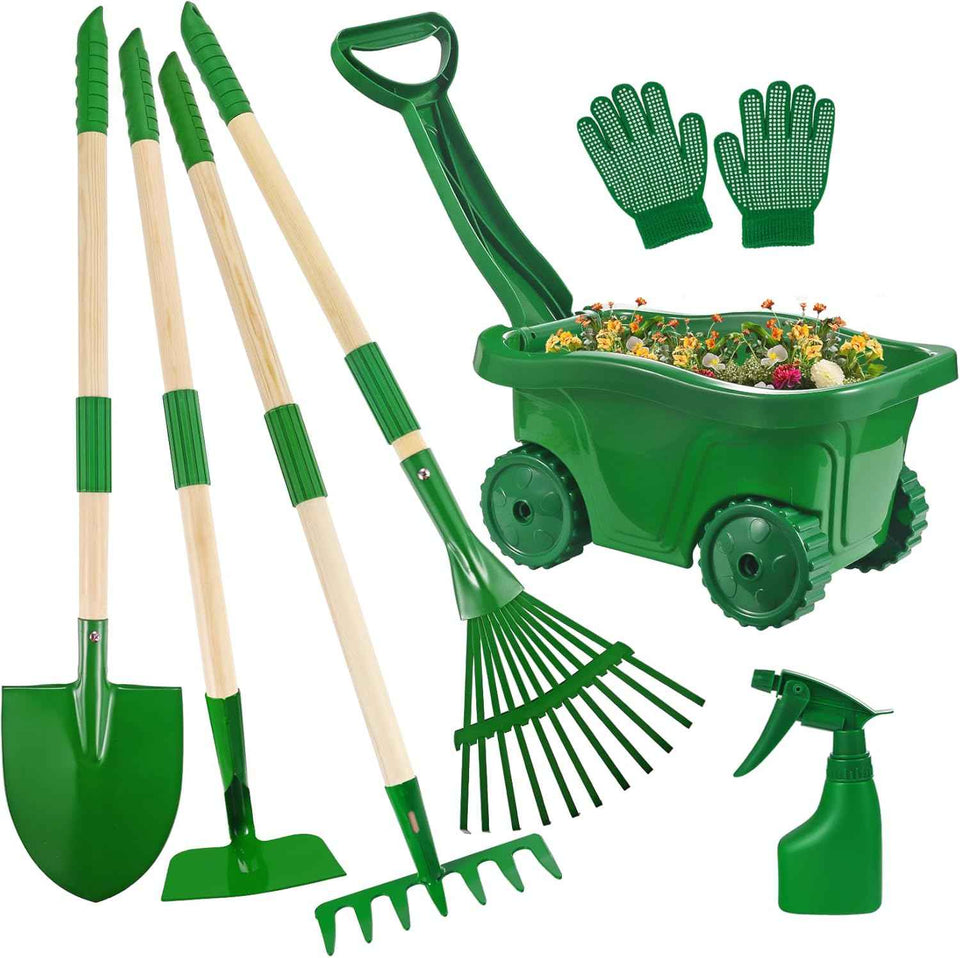 duckura kids gardening tools set 7pcs wheelbarrow set for kids with shovel rake leaf rake summer outdoor yard digging weed birthday gifts toys green