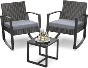 3 Pieces Outdoor Patio Furniture Set Rocking Bistro Set Outdoor Rattan Conversation with Coffee Table for Garden Balcony Backyard Poolside (Grey Cushion)