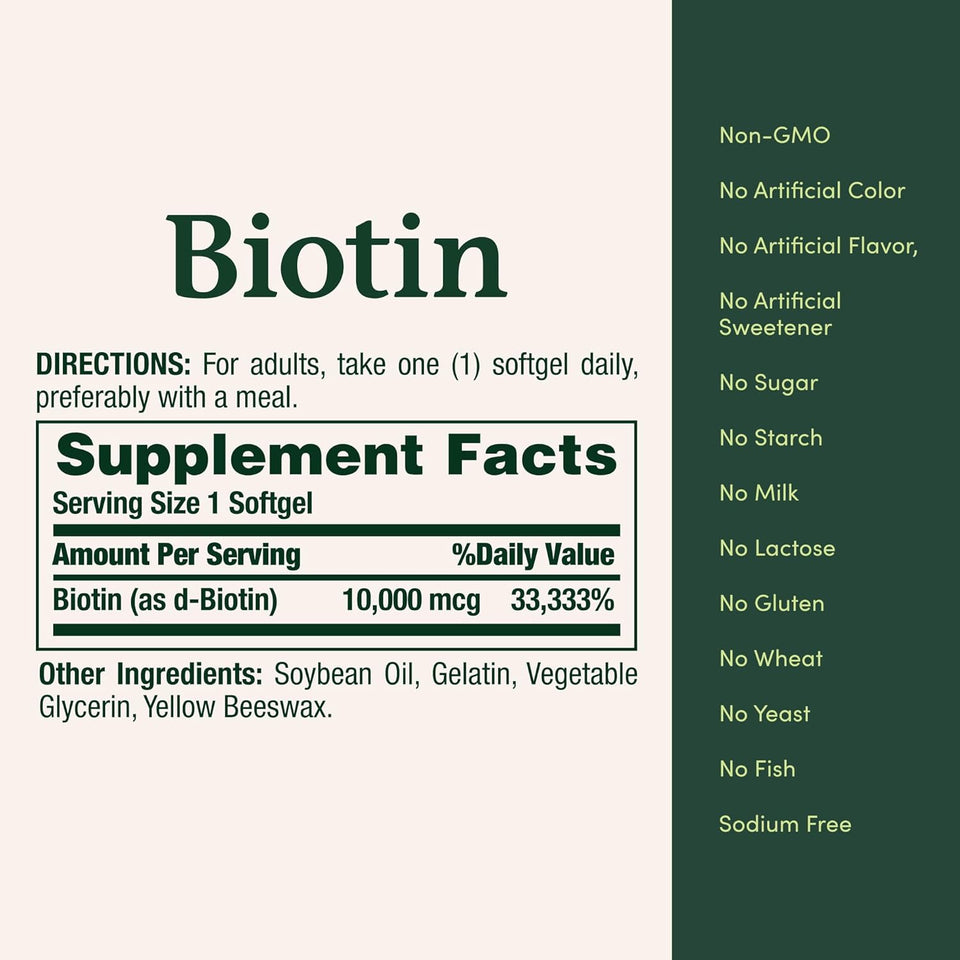 Nature's Bounty Biotin Hair Skin and Nails Vitamins, Supports Healthy Hair, Skin and Nails, 10,000 mcg, 120 Softgels (Pack of 1)