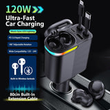 MLVOC 120W fast car charger with retractable 4-in-1 cable & wireless earbuds for commuters