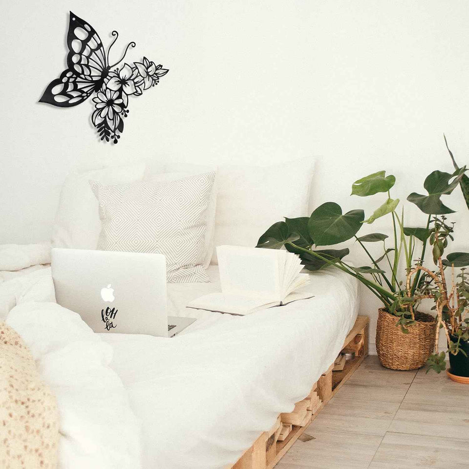EZ4ENCE Butterfly Decoration Wall Art Boho Home Decor Hanging Appearance Metal Flower for Bedroom Living Room Wall,Black(Medium)