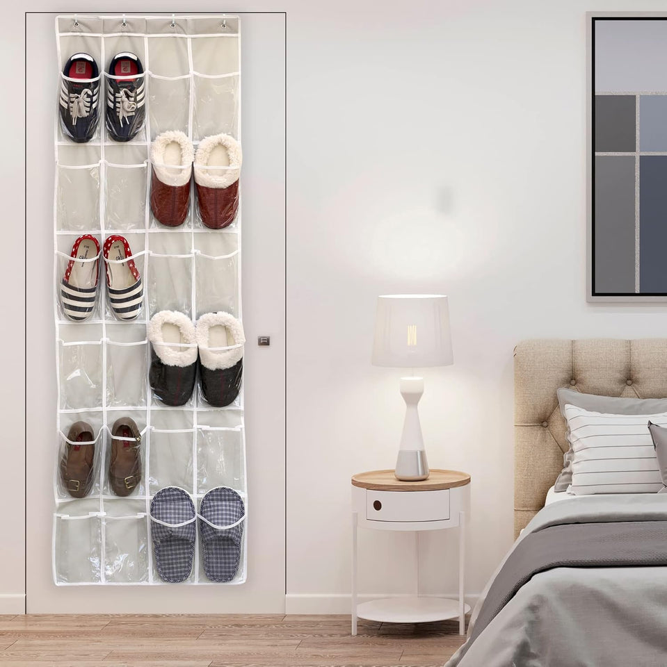 Simple Houseware 24 Pockets - Crystal Clear Over The Door Hanging Shoe Organizer, Gray (64'' x 19'')