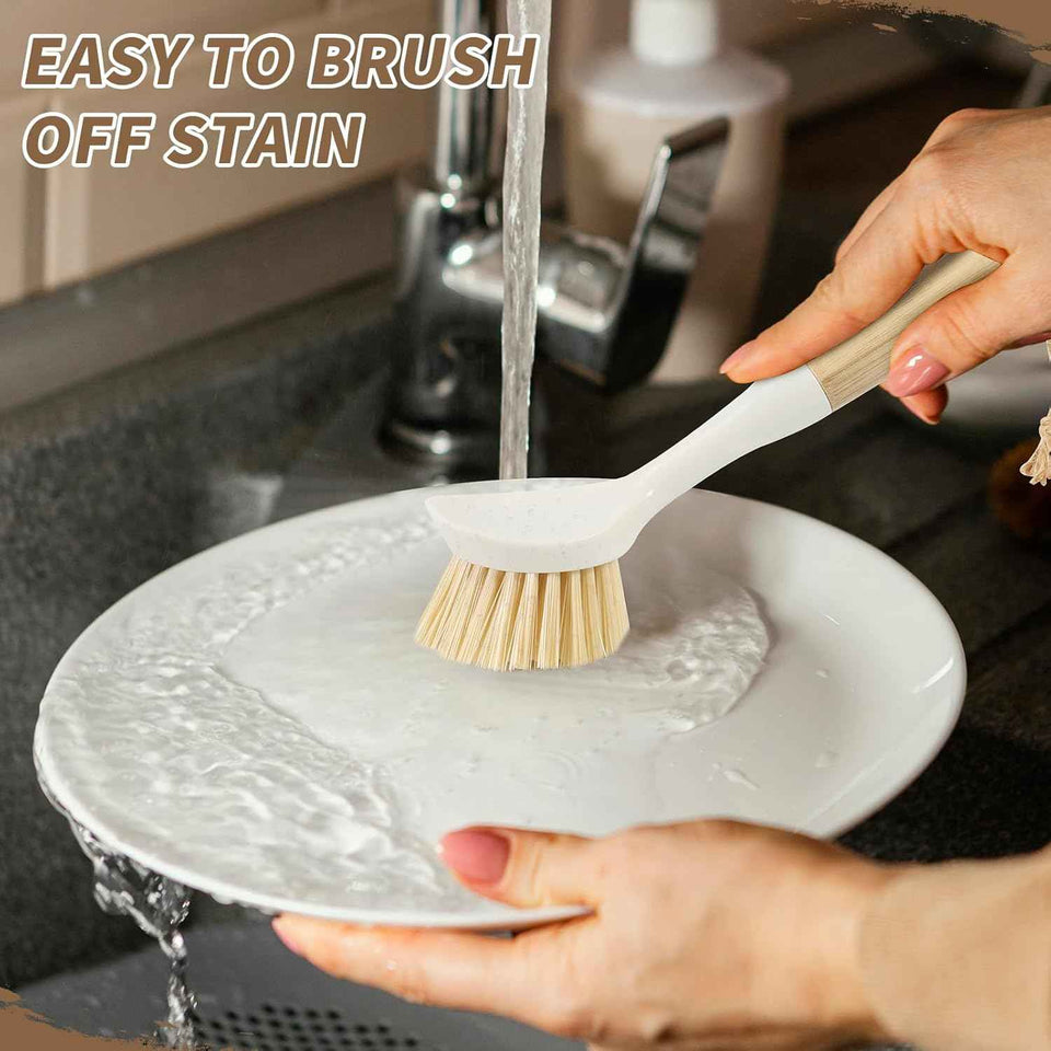 Bamboo Dish Scrubber Brush Set - 4 Pack with Built-in Scraper for Pots, Sinks