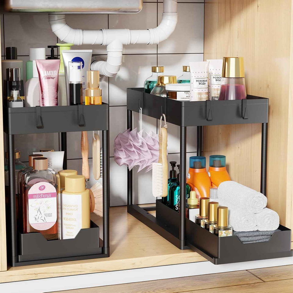 Simple Trending Under Sink Organizer 2-Pack, 2-Tier Pull-Out Sliding Storage Cabinet for Kitchen Bathroom, Black