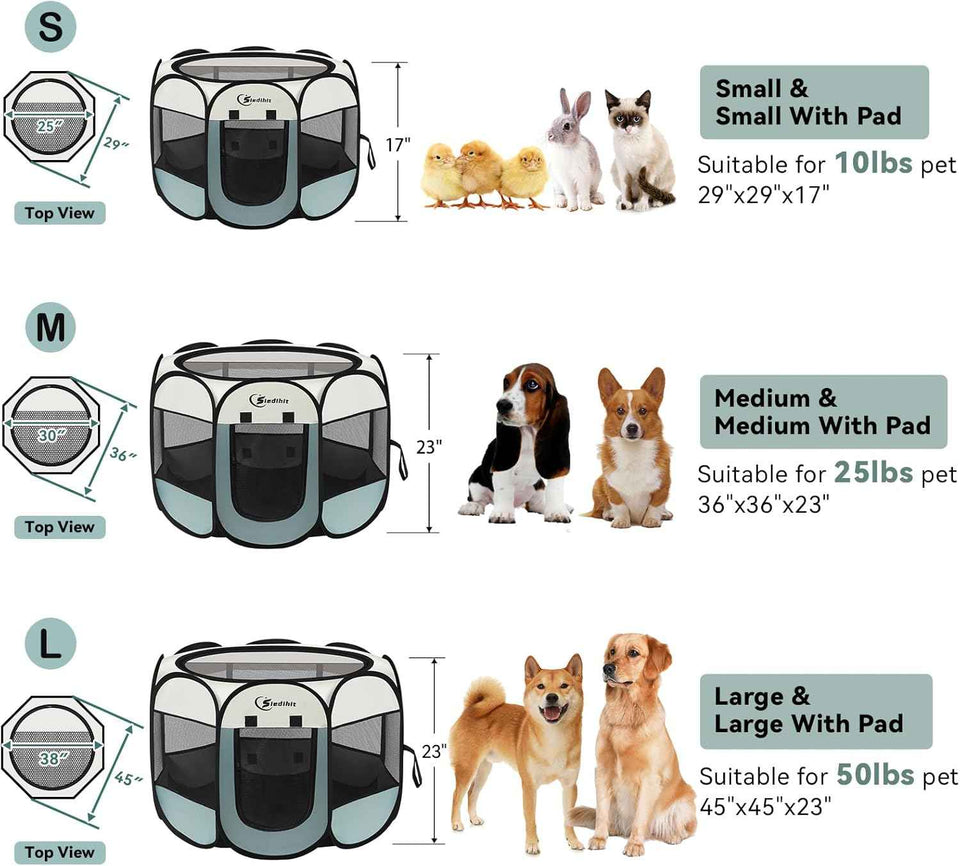 Grey dog cat playpen for small dogs, puppies, cats, rabbits - portable pop up kennel with carrying case