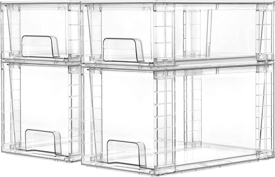 4 Pack Clear Stackable Storage Drawers for Under Sink, Kitchen, and Bathroom Organization