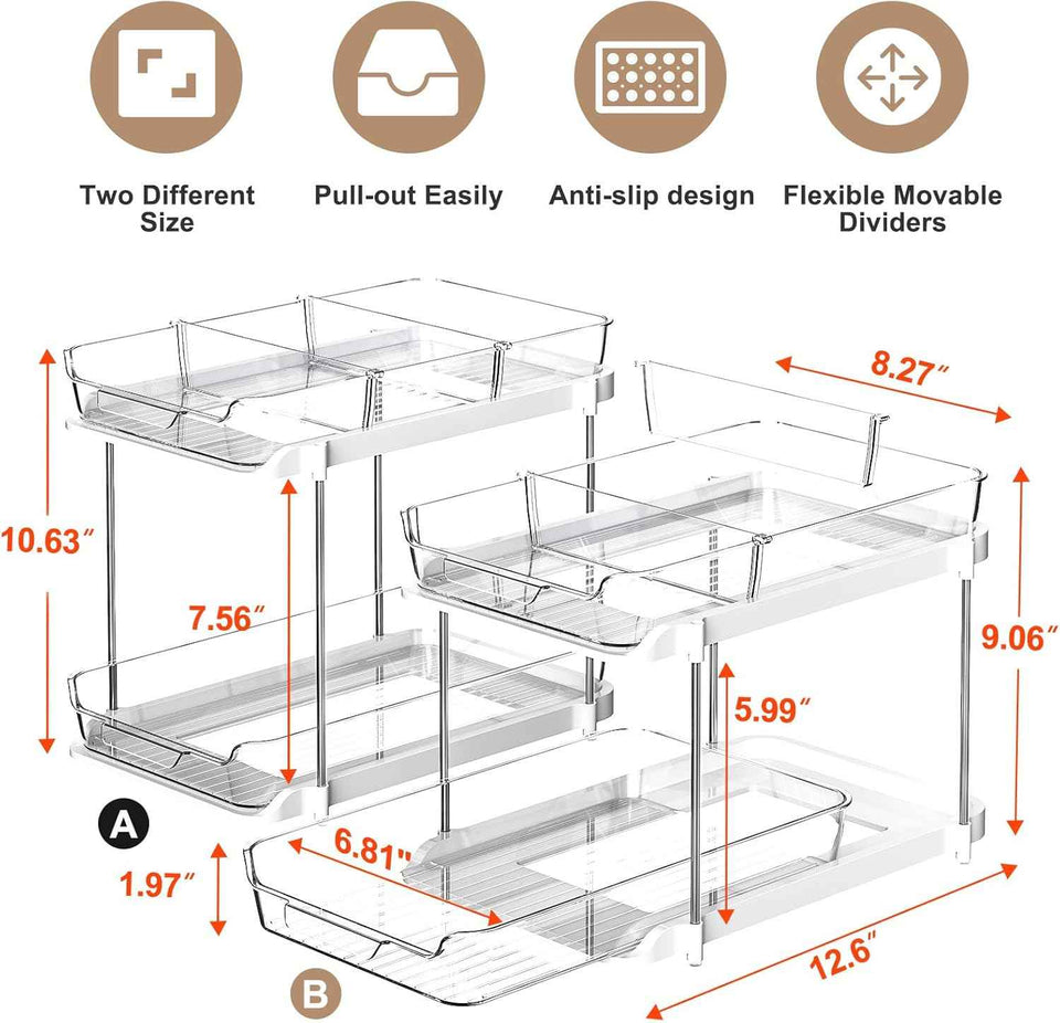 Delamu 2-Tier White Bathroom Under Sink Organizer, Stackable, 2-Pack, Durable, Customizable