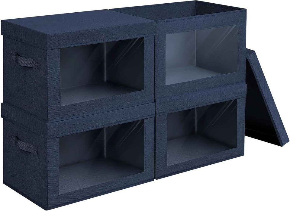 Storage Bins with Lids - Fabric Closet Storage Bins with Window, Collapsible Baskets for Shelves 4 Pack, Home Decorative Boxes for Clothes, Closet, Office, Grey